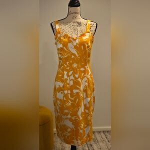 Trina Turk Orange/ Yellow and White Ruffle Floral Midi Dress Size 8.